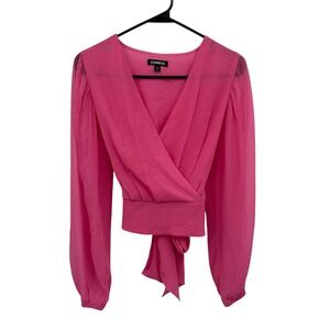 Y2K Pink Wrap Tie Back Long Sleeve Crop Top XS Coquette Romantic Going Out Party